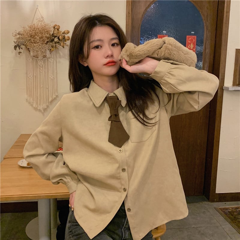 [Koshinke Series]★Shirt with tie★ Tops 3 colors Cute Easy to match Beige Light brown Pink