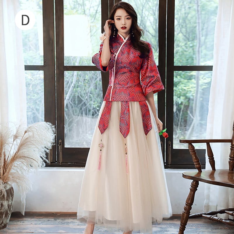 [Paper-dyed series] ★Party dress★ Chinese style tops + long skirt 6color SML LL 3L 4L Red