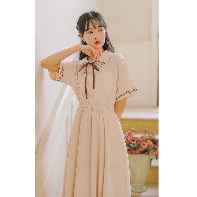 [Shukunsho series]★China style dress★2color embroidery long length short sleeve summer cute easy to match beige green