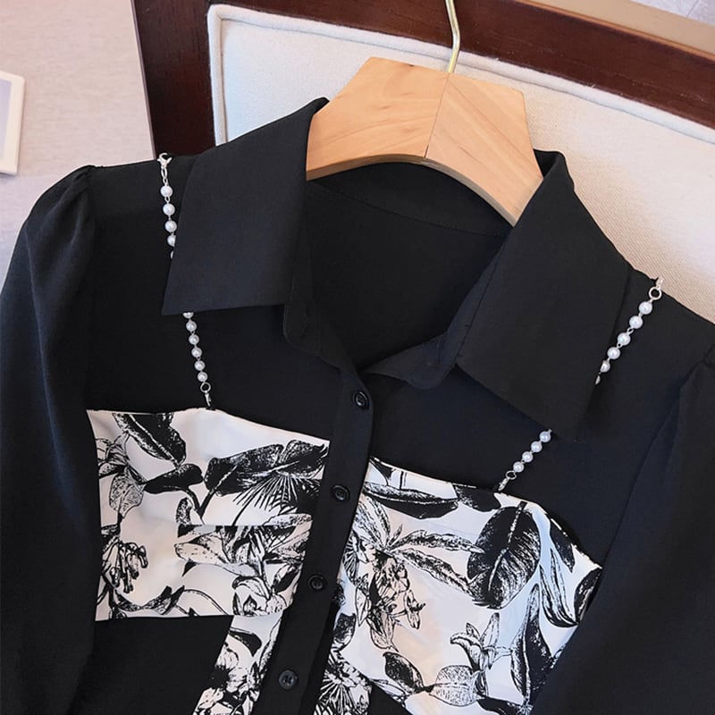 [BAITANG series] ★China style shirt★ 2color tops long sleeve shirt fake layered ink pattern black white