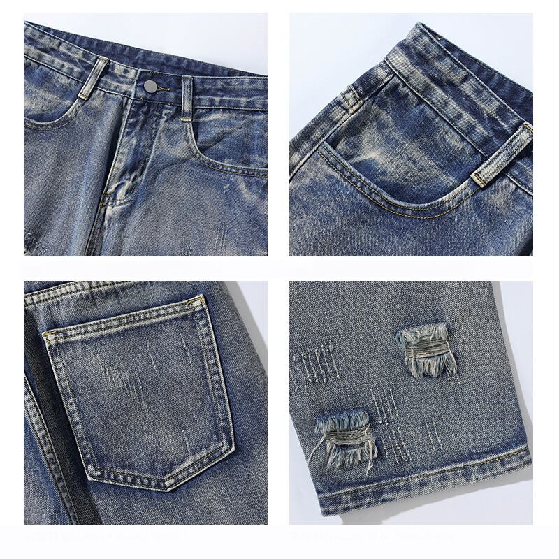 [BIGEMAN Series]★Denim pants★Bottoms Pants Unisex Men's Distressed Stylish Blue Blue