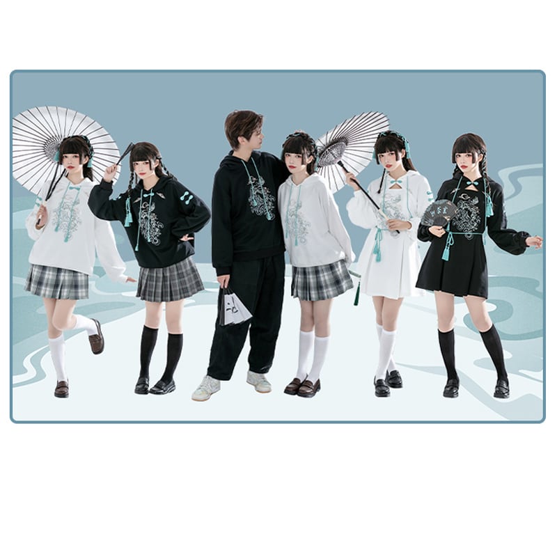 [Ochaya Series]★China style dress★ 2color black or white embroidery parka dress Chinese button cute