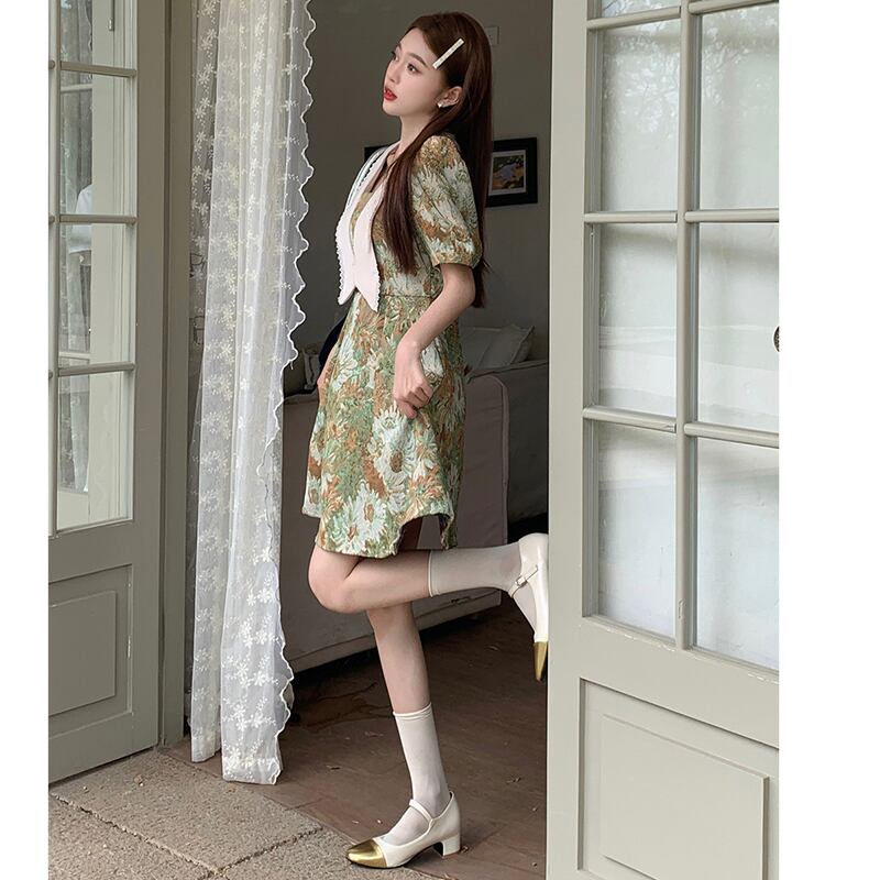 [MEIYI Series] ★One Piece★ Large Size Switching Cute Oil Painting Style Summer Clothes Summer Dress Date Photography Commuting Green Floral Pattern