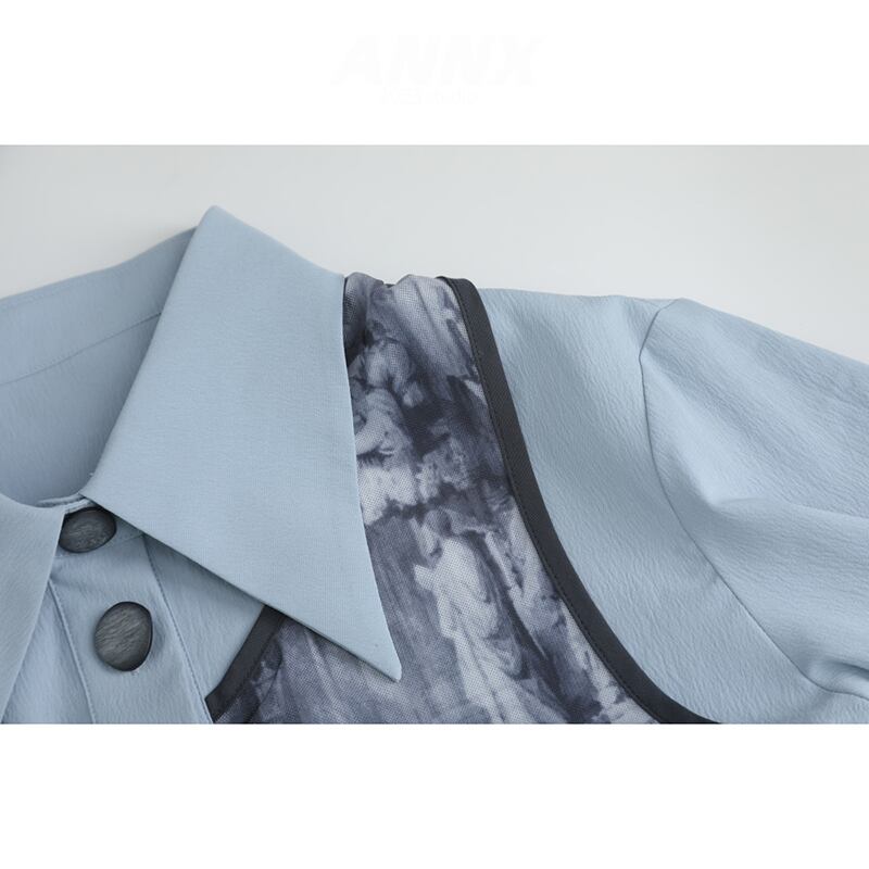 [ANNXstudio Series]★Shirt★ Long sleeve shirt tops fake layered temperament enhancement design blue