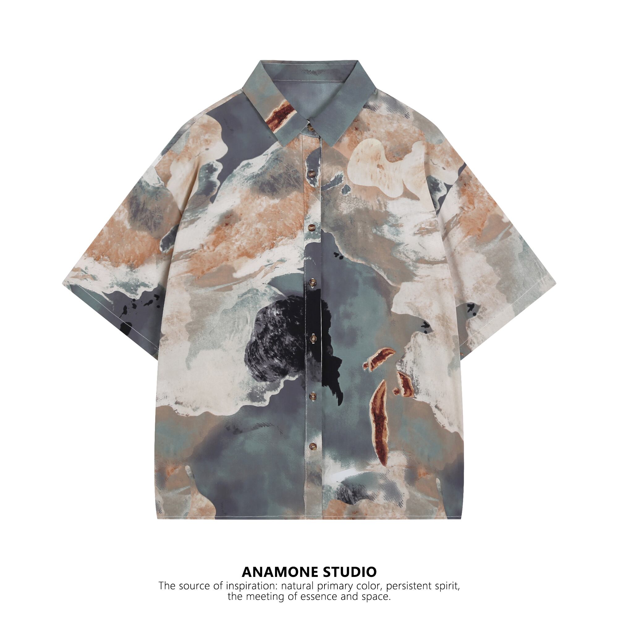 [ANAMONE STUDIO Series]★Shirt★ Tops Oil painting style mini length print short sleeve short sleeve shirt SML