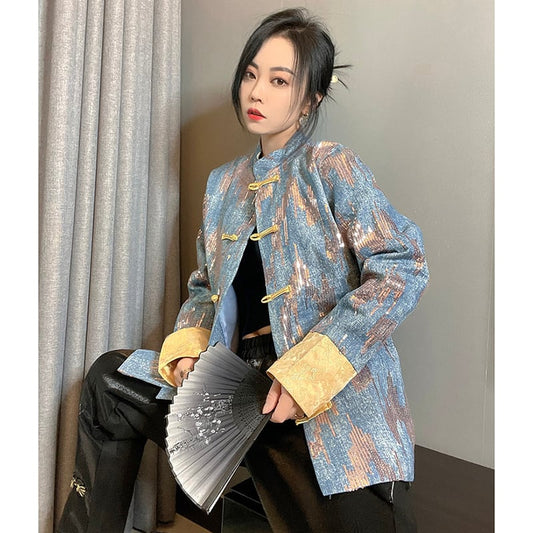 [Higashiya Series] ★China style outerwear★ Jacket Tops Improved Tang Suit Retro Blue Blue Original