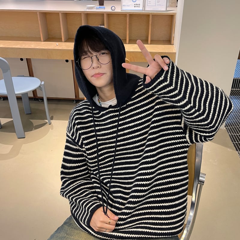 [NANSHI Series]★Sweater★ 2color Knit Parka Tops Unisex Men's Horizontal Stripes Striped Pattern Black Blue