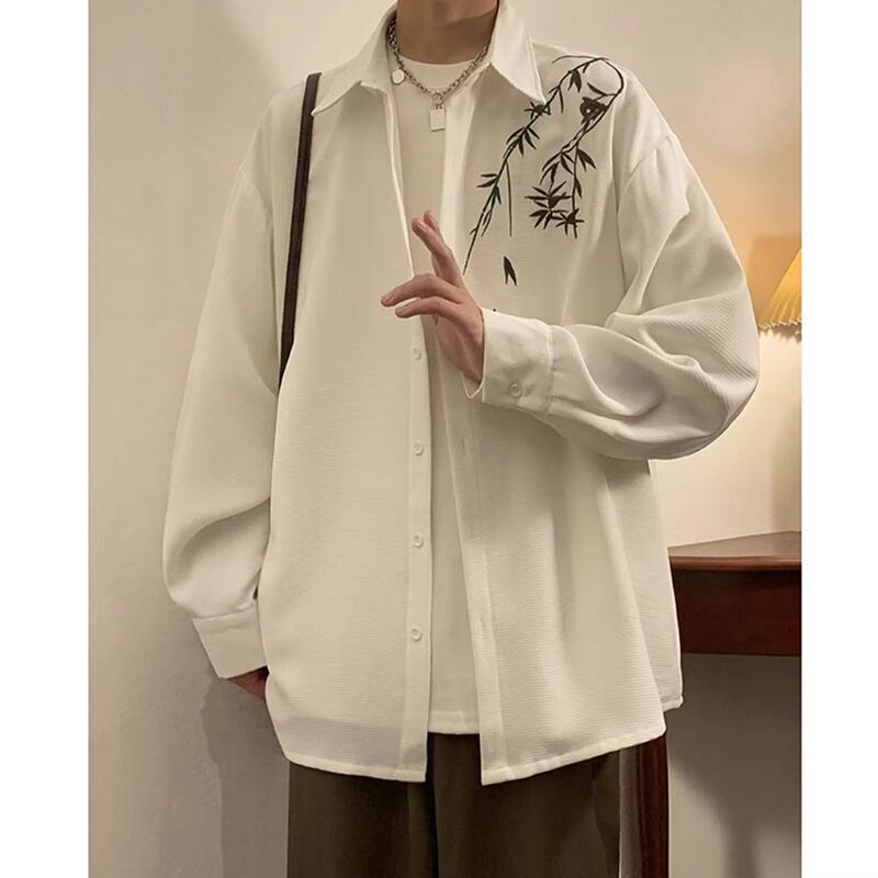 [YOULIN Series]★China style shirt★ 2color brushed lining embroidery bamboo tops unisex men's large size black white