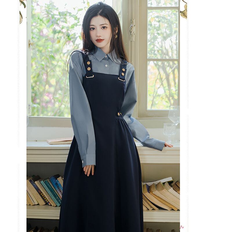 [Rinroki Series]★Setup★ 2-piece set Hanging dress + shirt Women's Blue Blue Commuting Date