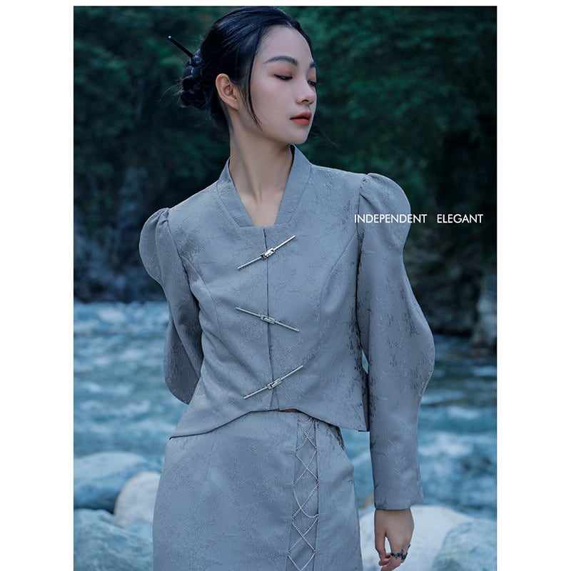 [Big Blue Dragon Series] ★China style outerwear★ Mini length with design Original Gray Gray Improves temperament