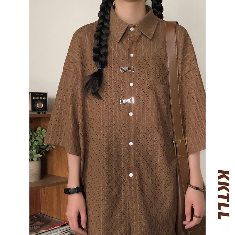 [KKTLL Series]★Shirt★ Thin Transparent Tops Unisex Men's Short Sleeve Shirt ML XL Coffee Color