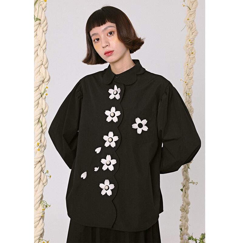 [Yangji Great Dream Series]★Shirt★ Tops Embroidery Original Retro Temperament Enhancement Long Sleeve Shirt Black Black