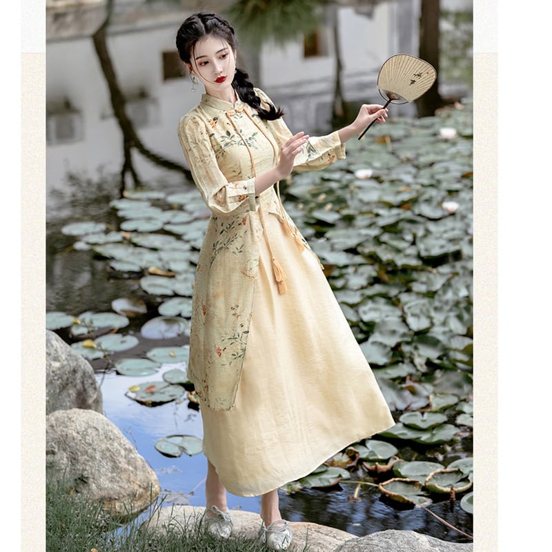 [Az Suna Series] ★Chinese style dress★ Chinese dress print switching SML XL Retro SML XL