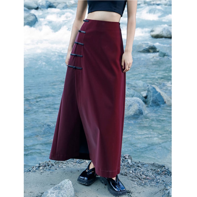 [Da Qinglong Shu Series]★China style skirt★ PU skirt China button red red Chinese clothes slimming slit