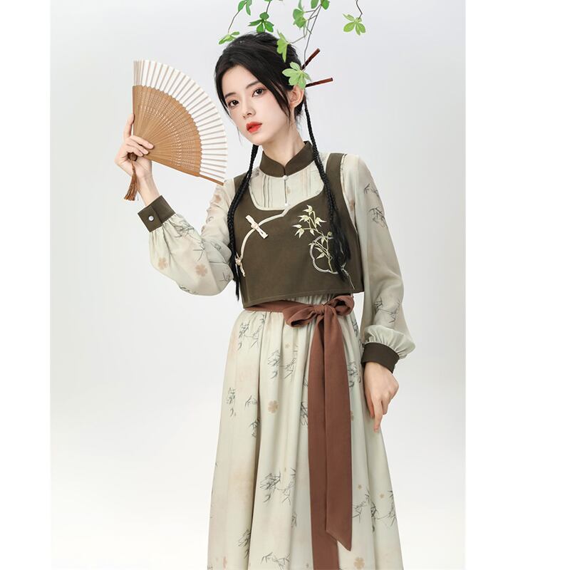 [Hanru's first---Blue series] ★Chinese style setup★ 2-piece set, vest + dress, Chinese clothes, bamboo pattern