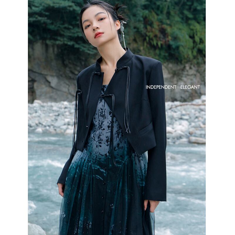 [Da Qinglong Shu Series] ★China style outerwear★ Blazer, mini length, Chinese buttons, Chinese clothes, black, slimming