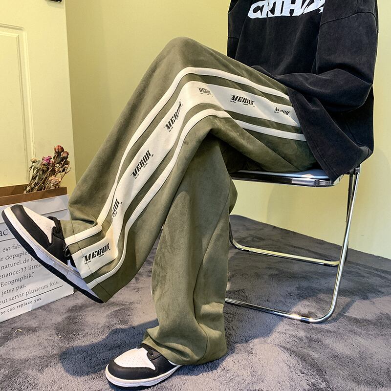 [DUFENG Series] ★Casual Pants★ 3color Bottoms Unisex Men's Vertical Stripes Black Green Brown