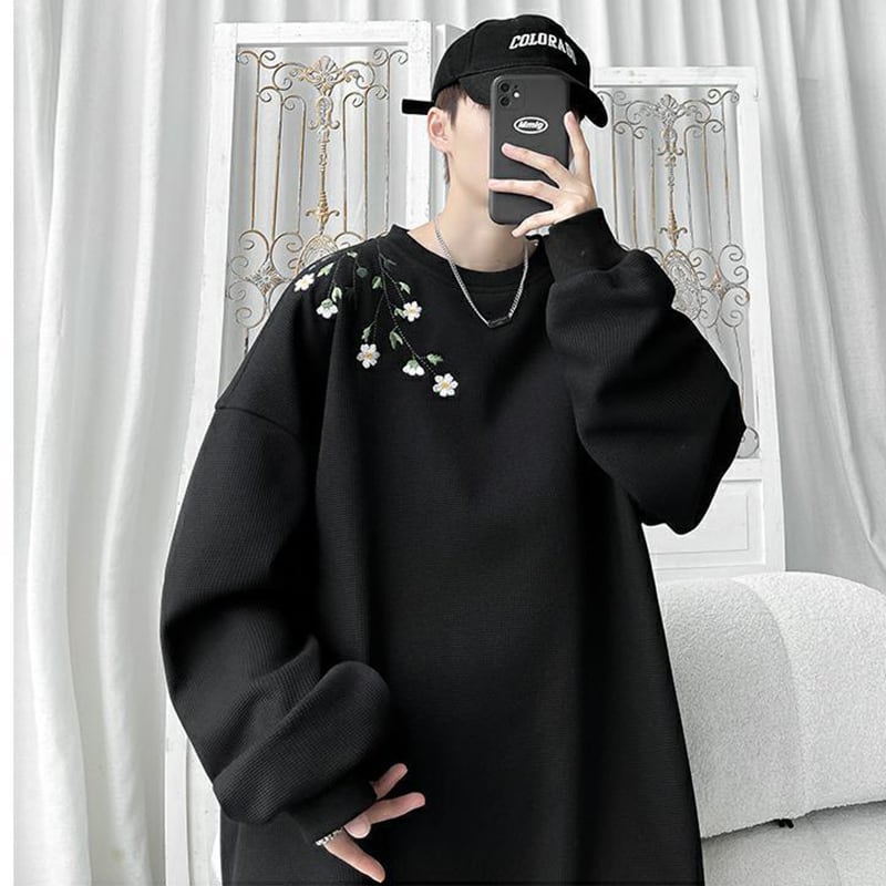 [BIGEMAN Series] ★Tops★ 2color Embroidery Long Sleeve Tops Unisex Men's Large Size Black Purple