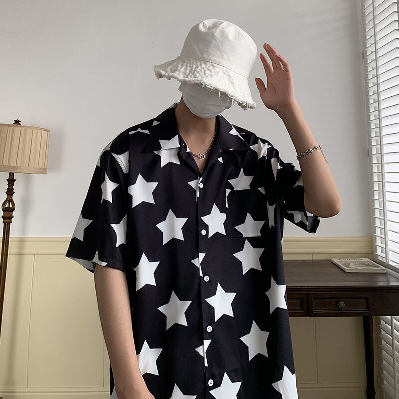 [Illustrated Series]★Shirt★ 2color Tops Star Print Fashion Unisex Men's Summer Clothes Cute Short Sleeve