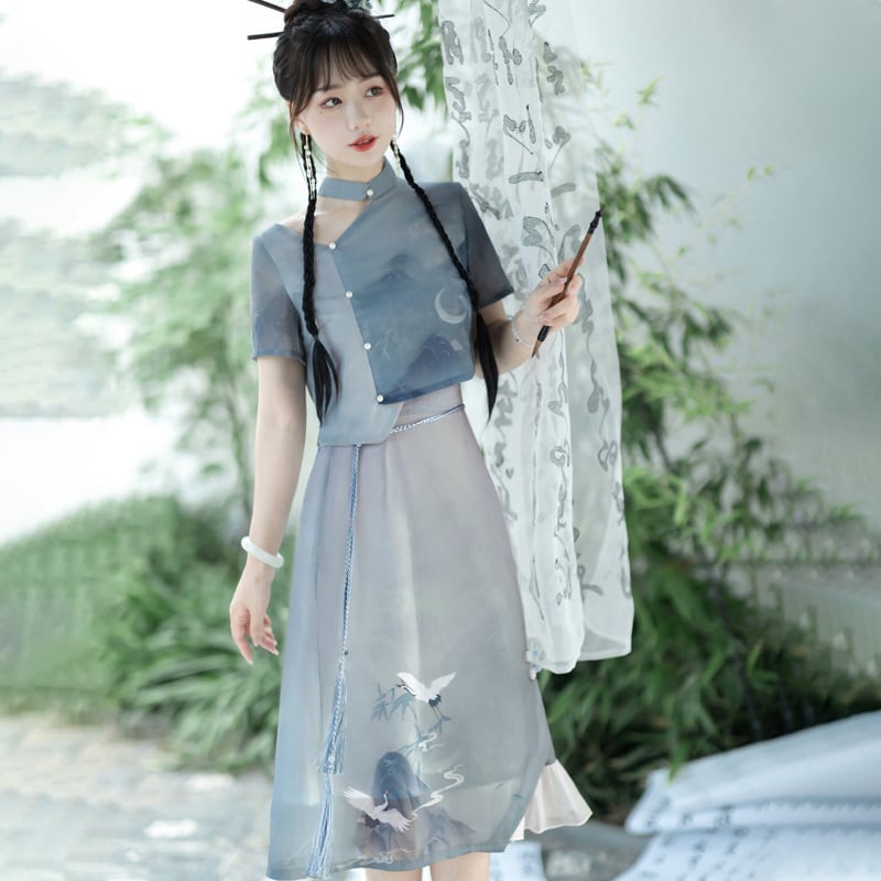 [Dust Smoke Cloud Dream---White Crane Visit Series] ★Chinese style skirt★ Chinese clothes, improved Han clothes, Han clothes skirt, crane, ink pattern