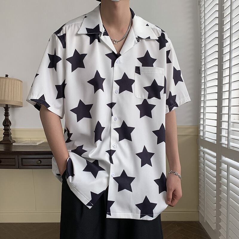 [Illustrated Series]★Shirt★ 2color Tops Star Print Fashion Unisex Men's Summer Clothes Cute Short Sleeve