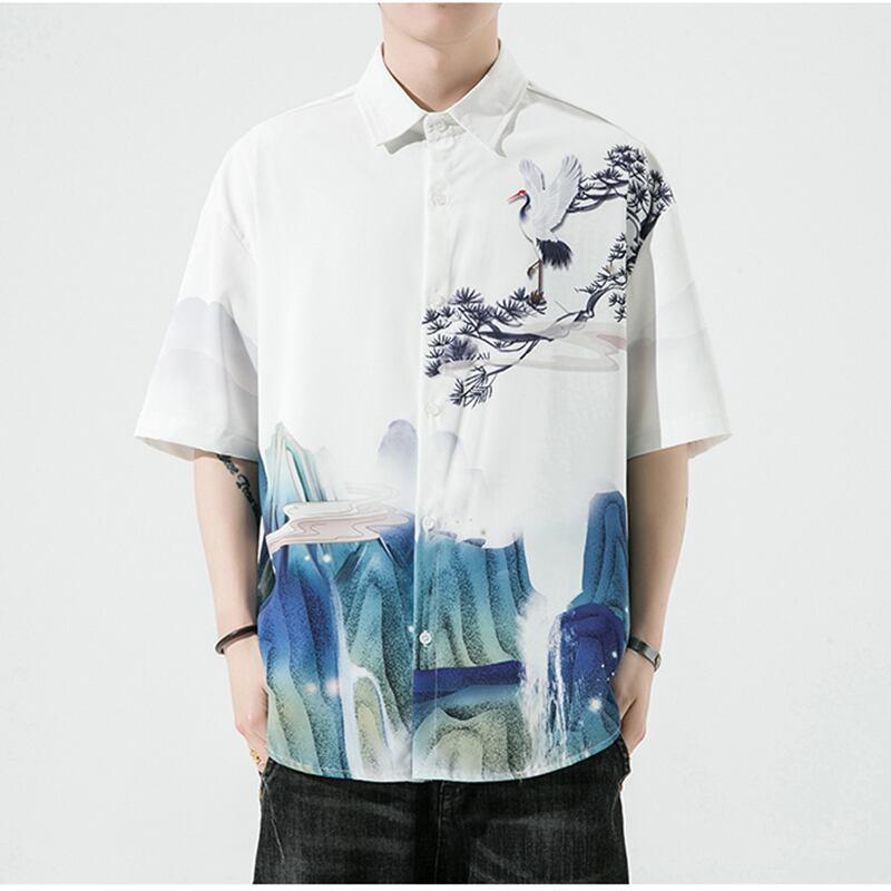 [MOWENZHAI Series] ★China Style Shirt★ Ink Pattern Crane Short Sleeve Shirt Tops Unisex Men's Large Size