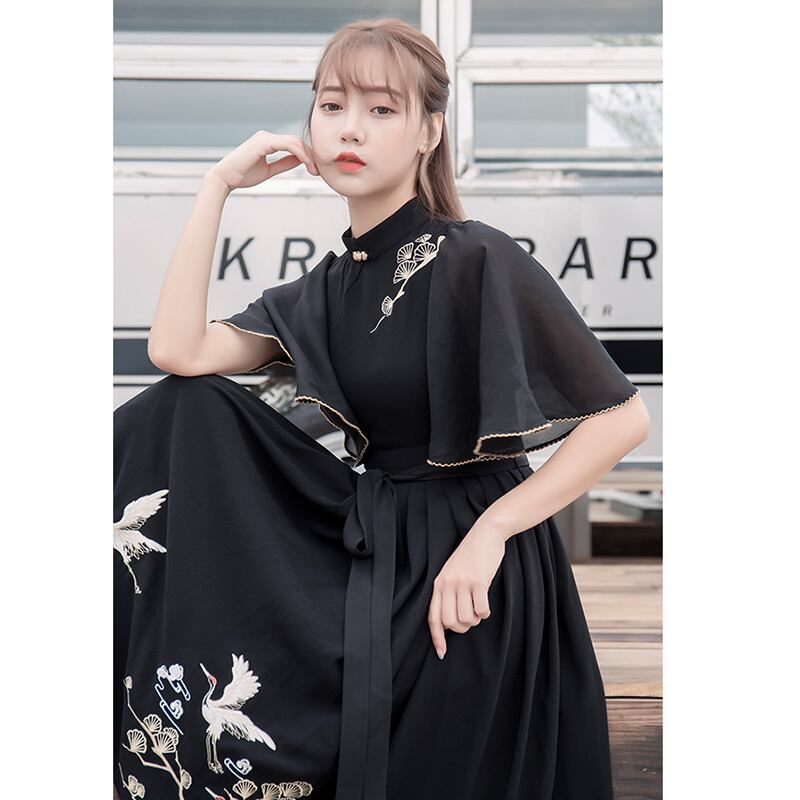 [My Family's Series] ★Chinese-style dress★ Crane embroidery, short sleeves, thong length, A-line, Chinese elements, casual wear, black