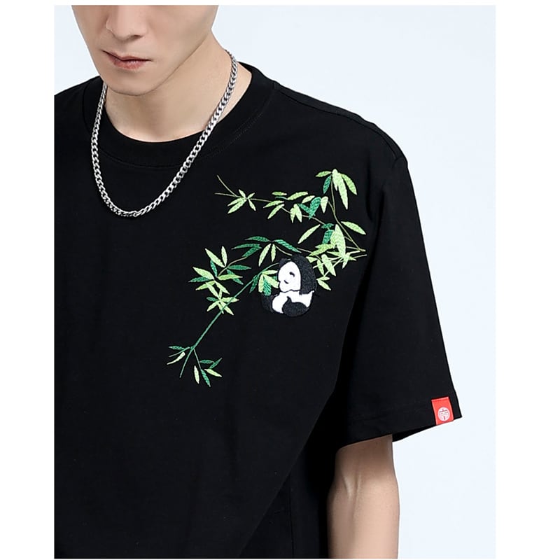 [JPYZ Series]★China style T-shirt★ Tops Unisex Men's Panda Embroidery Black Easy to match