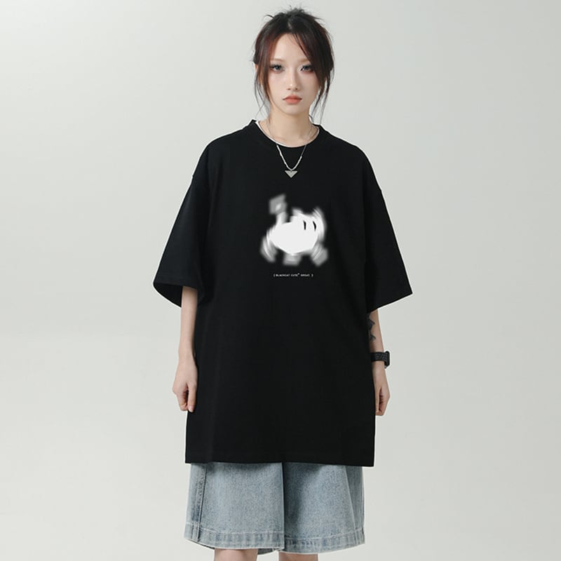 [LIEQU Series]★T-shirt★ 3color Tops Loose Summer Clothes Unisex Men's Cat Black White Easy to match