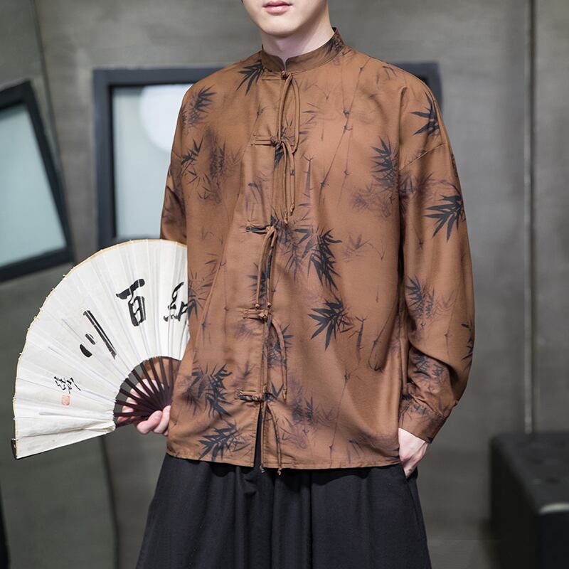 [JUNYI series]★China style shirt★ Tops 2color Unisex Men's Large size Bamboo Bamboo pattern Beige Coffee color