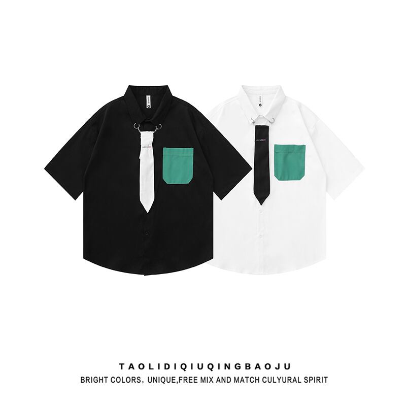 [Escaped Earth Series]★Shirt with tie★ Tops 2color Unisex Men's Black White Casual Color Scheme