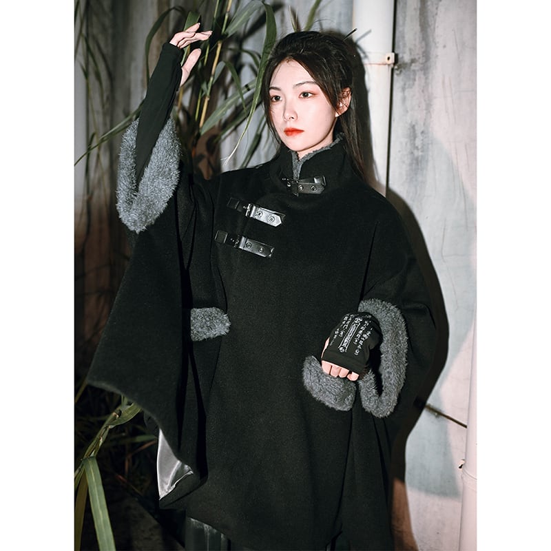 [Ancient monster house---Shanhai Jing Kunlun series] ★China style coat★ Outer coat Lasha loose thick warm black black cloak coat