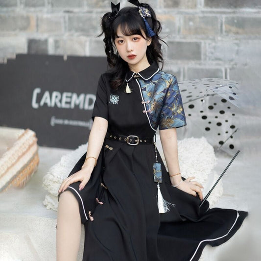 [Dust Smoke Cloud Dream --- Nightless Castle Series] ★China style dress★ Switching floral pattern black black irregular short sleeve SML original