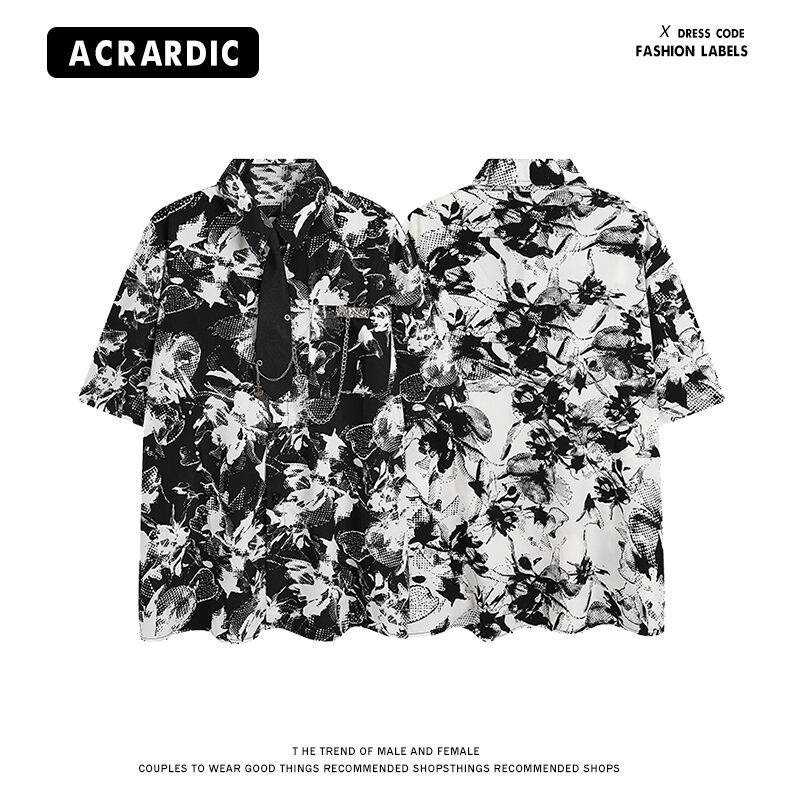 [MDYCD Series]★Shirt with Tie★ 2color Floral Print Shirt Tops Short Sleeve Shirt Unisex Men's Black White