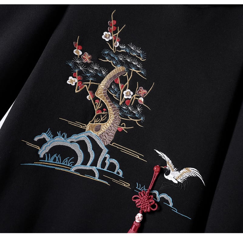 [Silk Series] ★Chinese style hoodie★ Fleece lining hoodie dress Chinese clothing embroidery large size black black