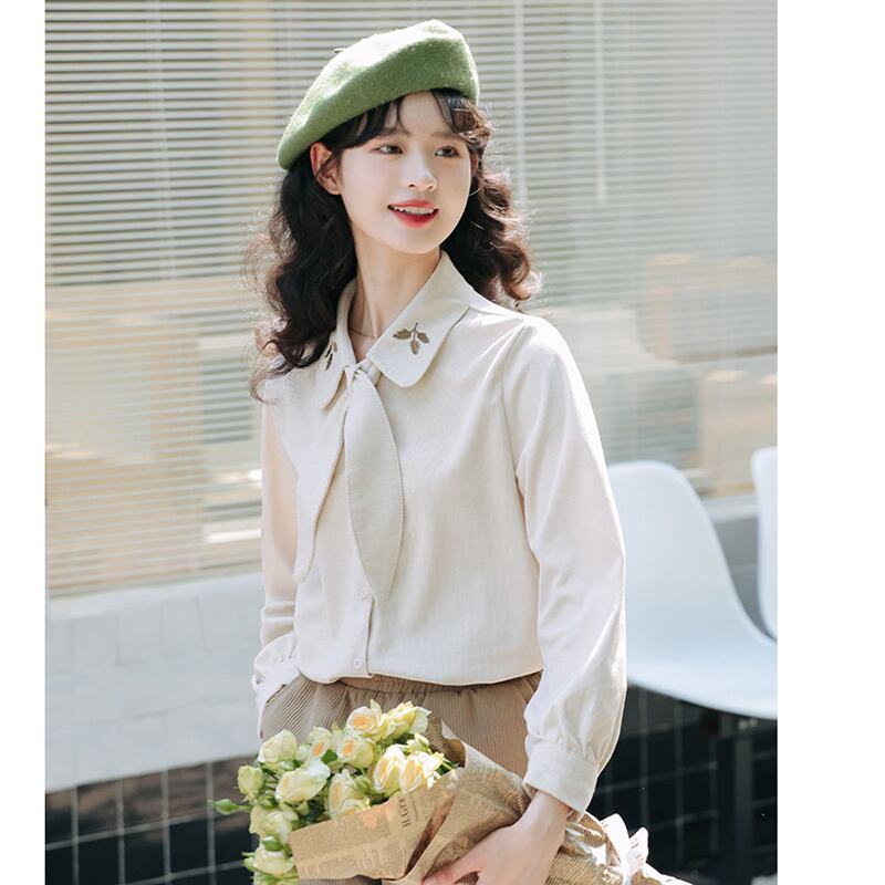 [Love Series] ★Shirt★ 2color Tops Long Sleeve Shirt Cute Embroidery Spring/Autumn Clothes Easy to Match Commuting/Dating