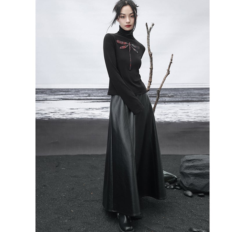 [Daiseiryusu Series]★Skirt★ PU Bottoms Long Length Plain High Waist Black Easy to match