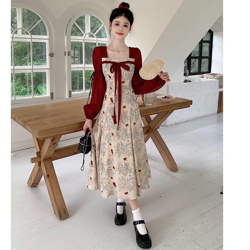 [JIGUJIGU series] ★China style dress★ Switching ribbon, large size, improves temperament, commuting, date, red, red, floral pattern