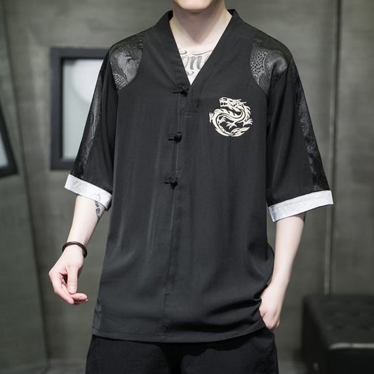 [JUNYI Series]★China style T-shirt★ Tops 2color Unisex Men's Large Size Embroidery Thin Dragon