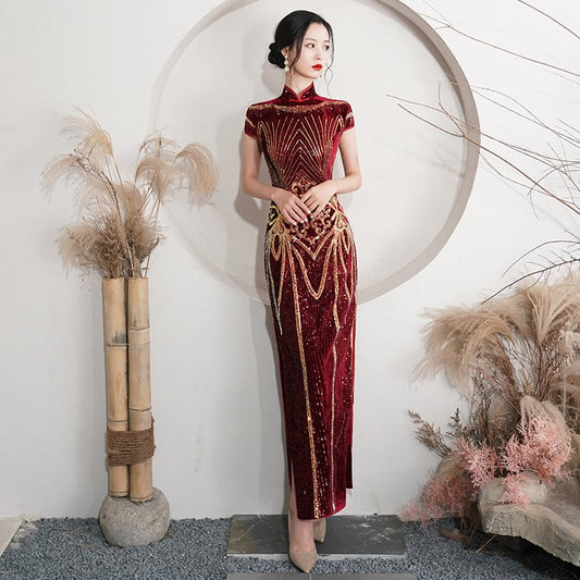 [Kusha Series]★China Dress★ Sequin Velvet Coming of Age Dress Red Long Dress Large Size