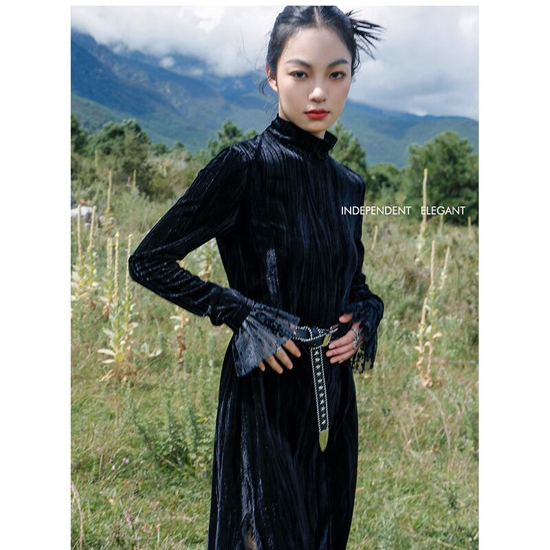 [Big Blue Dragon Series] ★China style dress★ Velvet changeover slimming black black slit