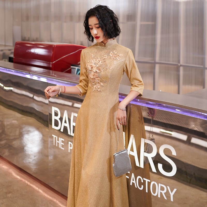 [Chouga series] ★Party dress★ Maxi length dress Improves temperament Gold Golden Chinese style