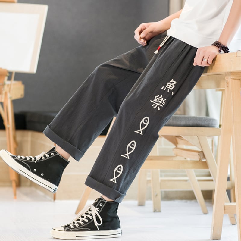 [TAOHUAYUAN Series]★China style trousers★ 3color bottoms trousers casual pants unisex men's large size fish nine-quarter length