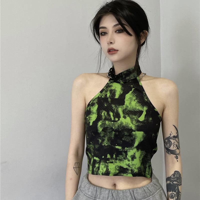 [Style Series] ★China style tops★ Camisole Tank Top Tie-dyed Easy to match Slimming Green Green