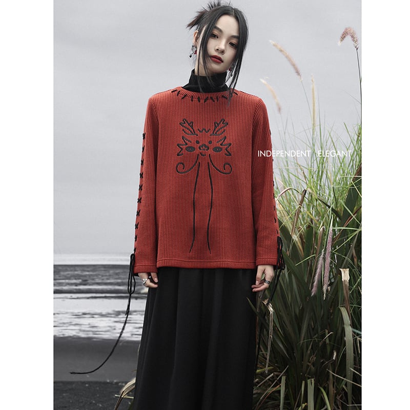 [Big Blue Dragon Series] ★Chinese style sweater★ Knit tops Dragon embroidery Chinese clothes Red Red New Year Christmas