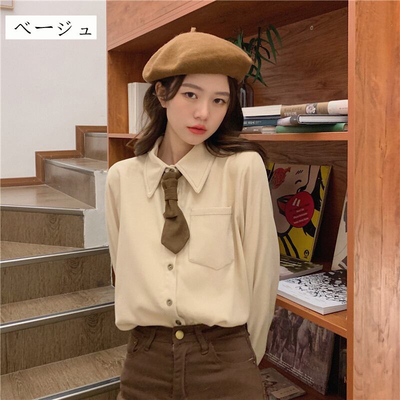 [Koshinke Series]★Shirt with tie★ Tops 3 colors Cute Easy to match Beige Light brown Pink