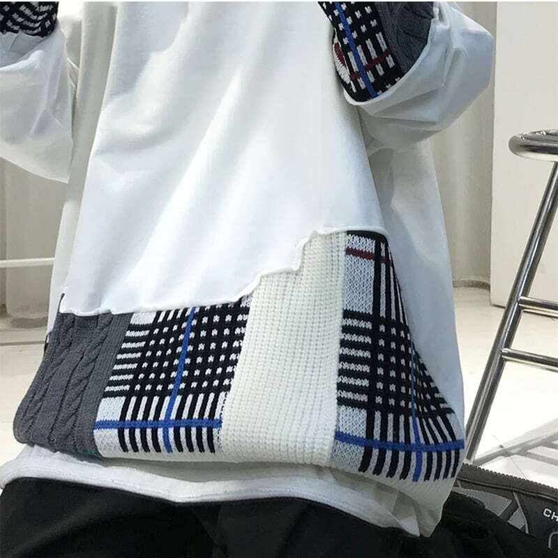 [Gyoshoen Series] ★Tops★ 2color Black or White Switching Casual Unisex Loose Plaid Pattern Black White