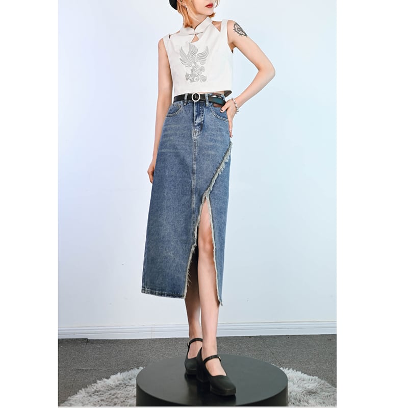 [Kokaisha---Hikimai Series] ★Denim skirt★ 2color bottoms with belt and slit black blue