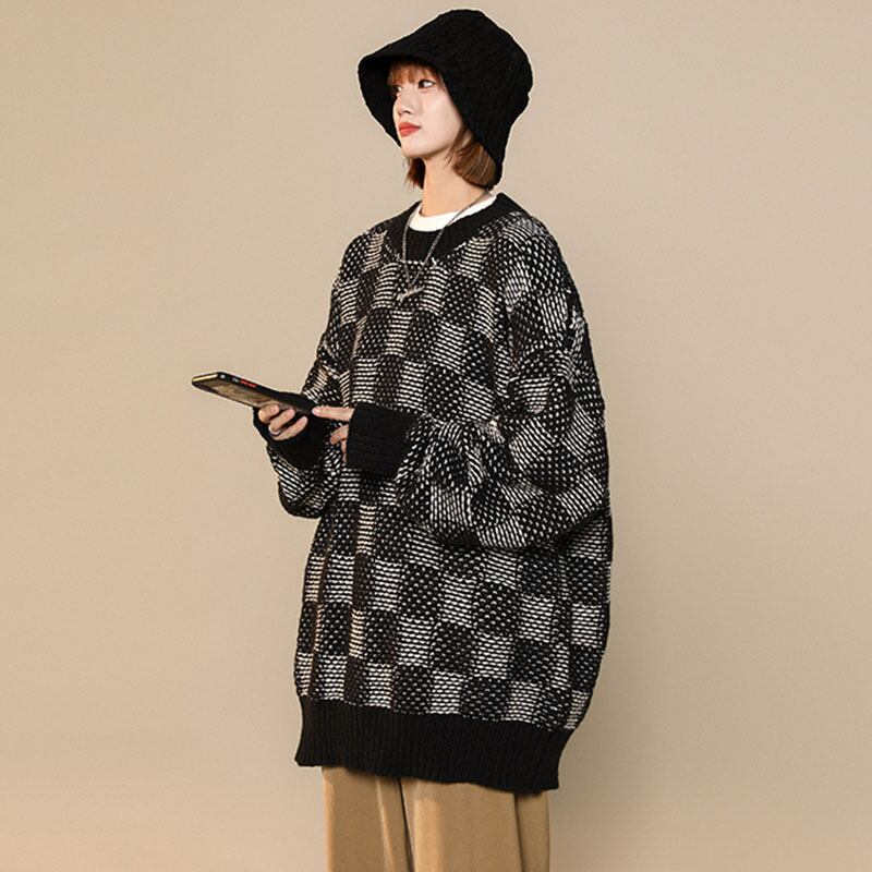 [Ushiomiomi Series] ★Sweater★ 3color Knit Tops Unisex Men's Plaid Pattern Gray Green Black