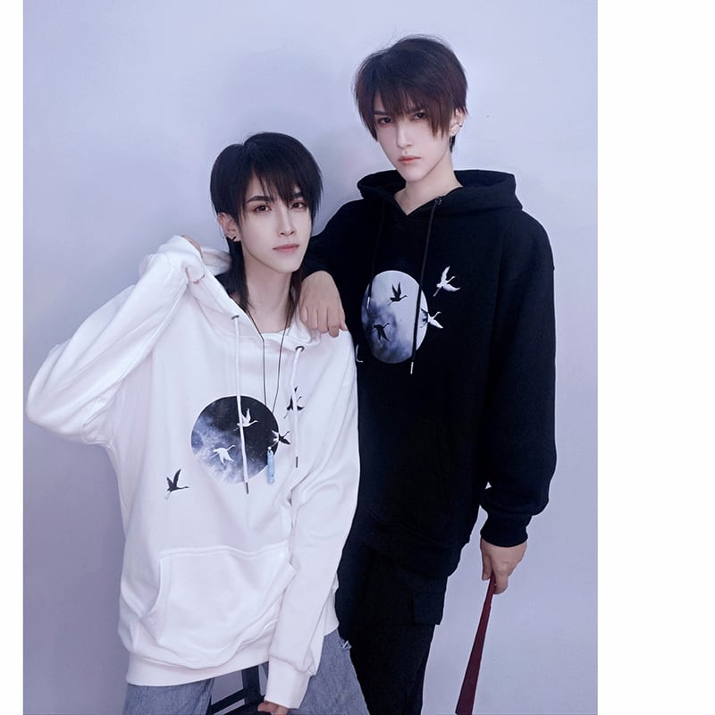 [Kuraho Koya Series] ★China style hoodie★ 2color black or white tops unisex crane with hat ML XL 2XL